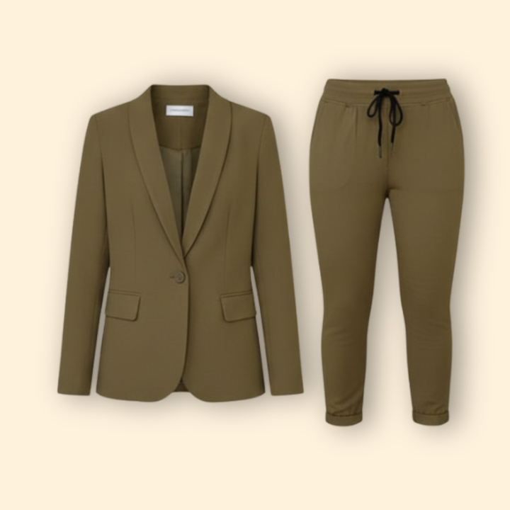 Women's elegant tailored blazer & drawstring pant set; versatile two-piece outfit for office, casual, or chic wear.