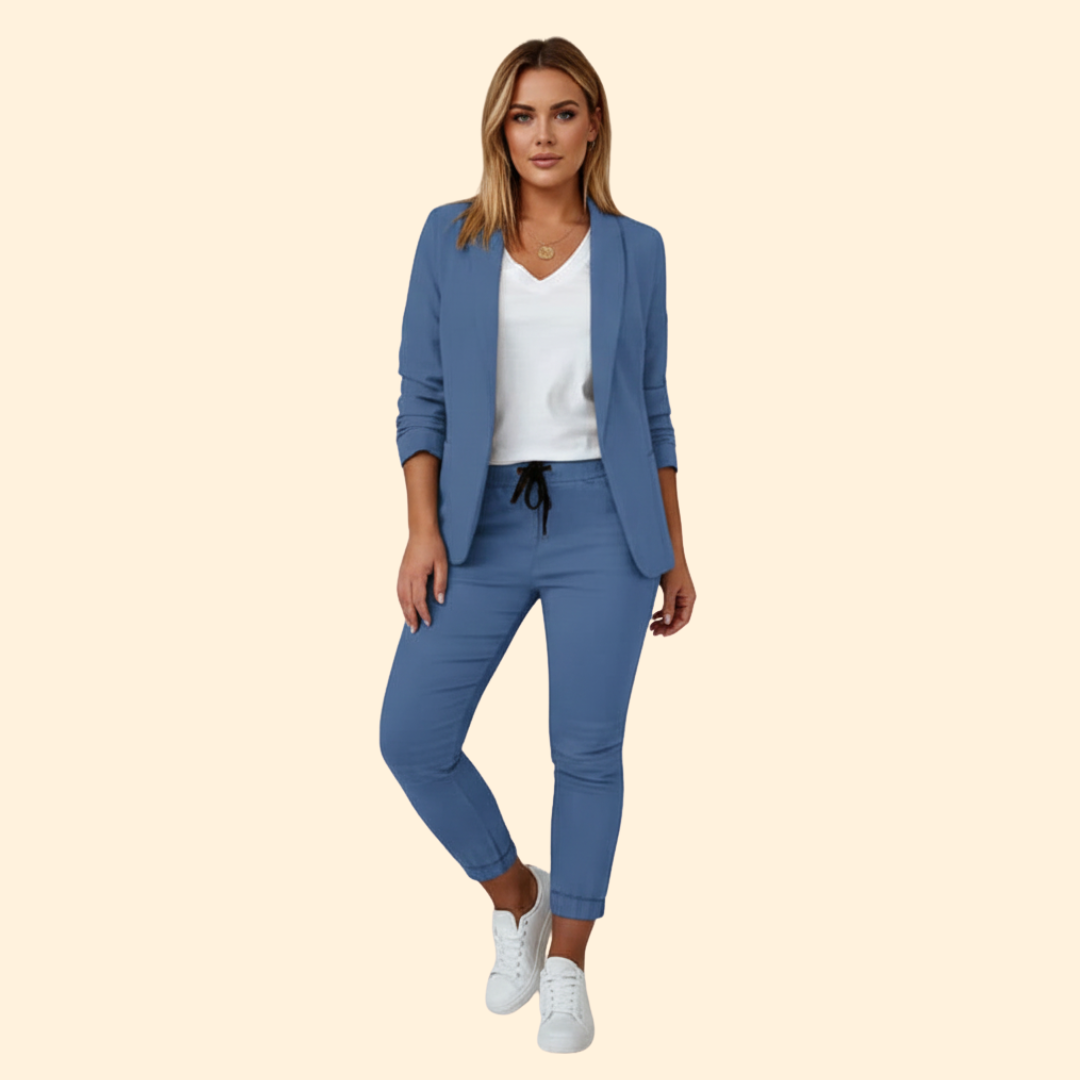 Women's sophisticated matching blazer & drawstring pant set, offering tailored elegance for everyday and office style.