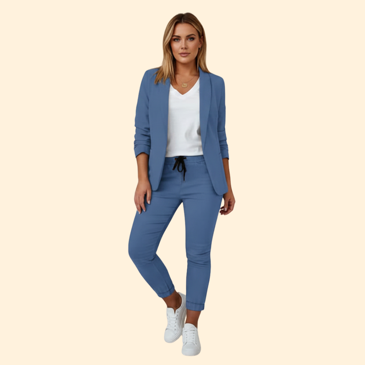 Women's sophisticated matching blazer & drawstring pant set, offering tailored elegance for everyday and office style.