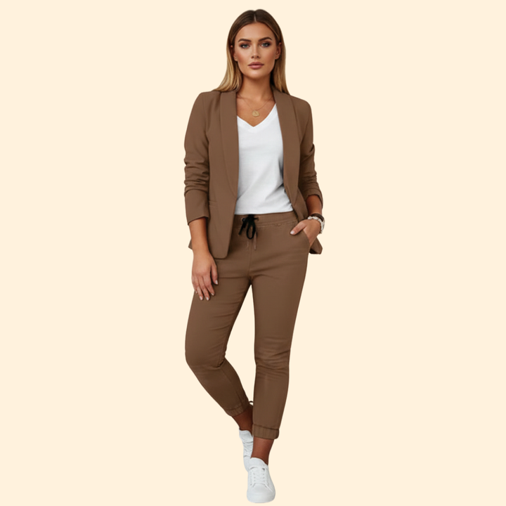 Complete women's elegant blazer & drawstring pant matching set, a versatile two-piece tailored outfit for all occasions.