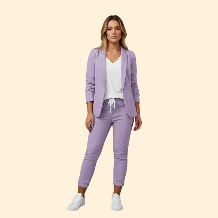Women's casual chic blazer and drawstring pant set; an elegant, versatile two-piece outfit for modern women's fashion.