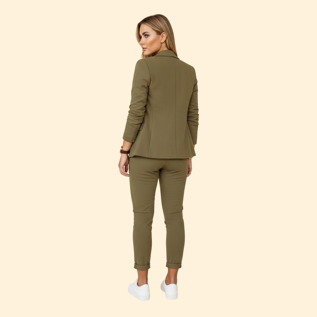 Elegant women's blazer set with comfortable drawstring pants; a stylish two-piece outfit for office or casual chic.