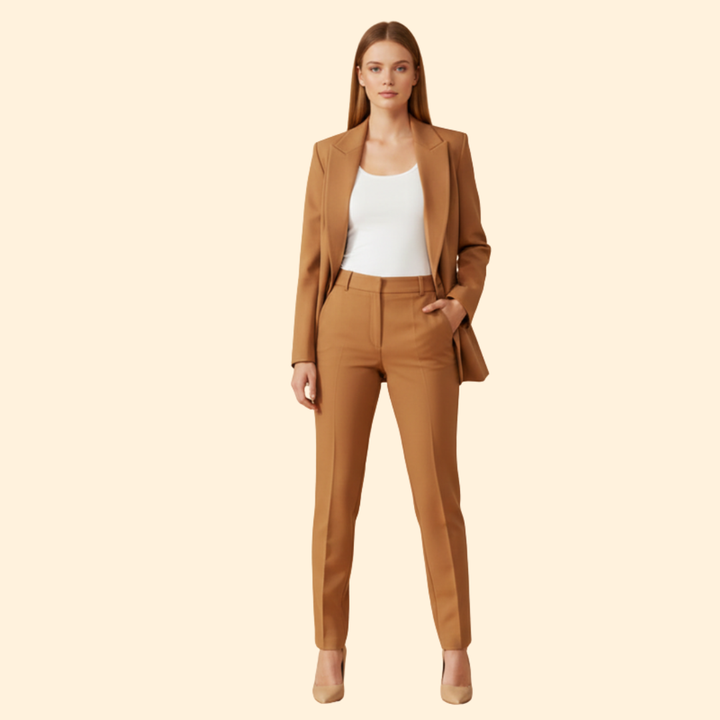 Fashionable women's blazer & trouser suit. An elegant two-piece set for contemporary office & professional wear.