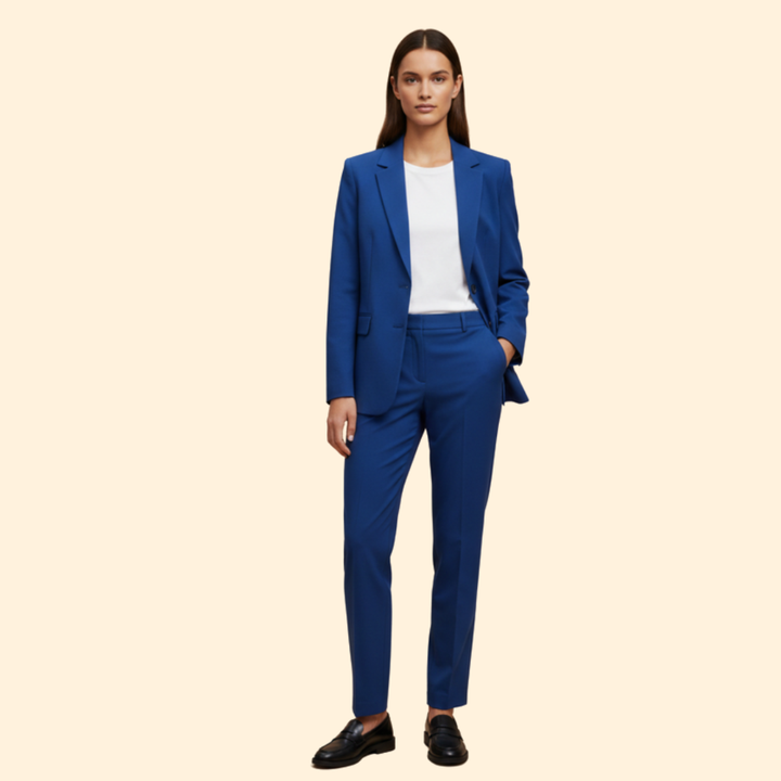 Modern style women's blazer trouser set. Elegant two-piece coordinated outfit for office & business.