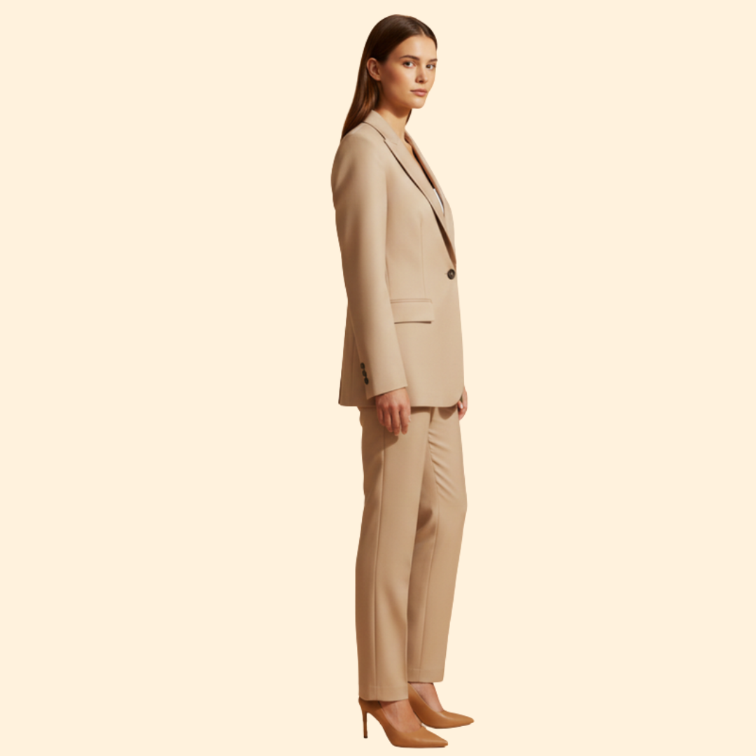 Stylish women's blazer trouser set for smart casual occasions or modern workwear. Elegant & comfortable.