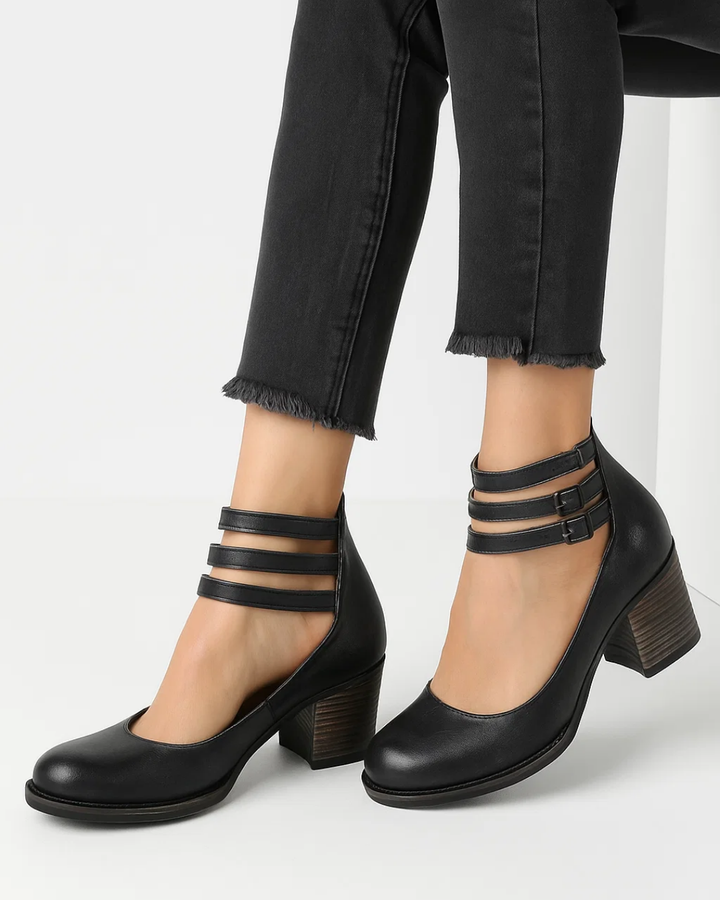 Women's comfortable block heel pumps with ankle straps, perfect for work, parties, and dressy occasions.
