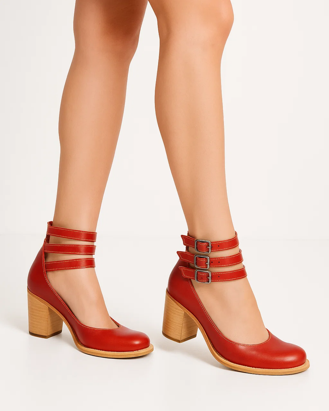 Stylish women's block heel pumps with secure ankle straps, a round toe, ideal for formal and party wear.