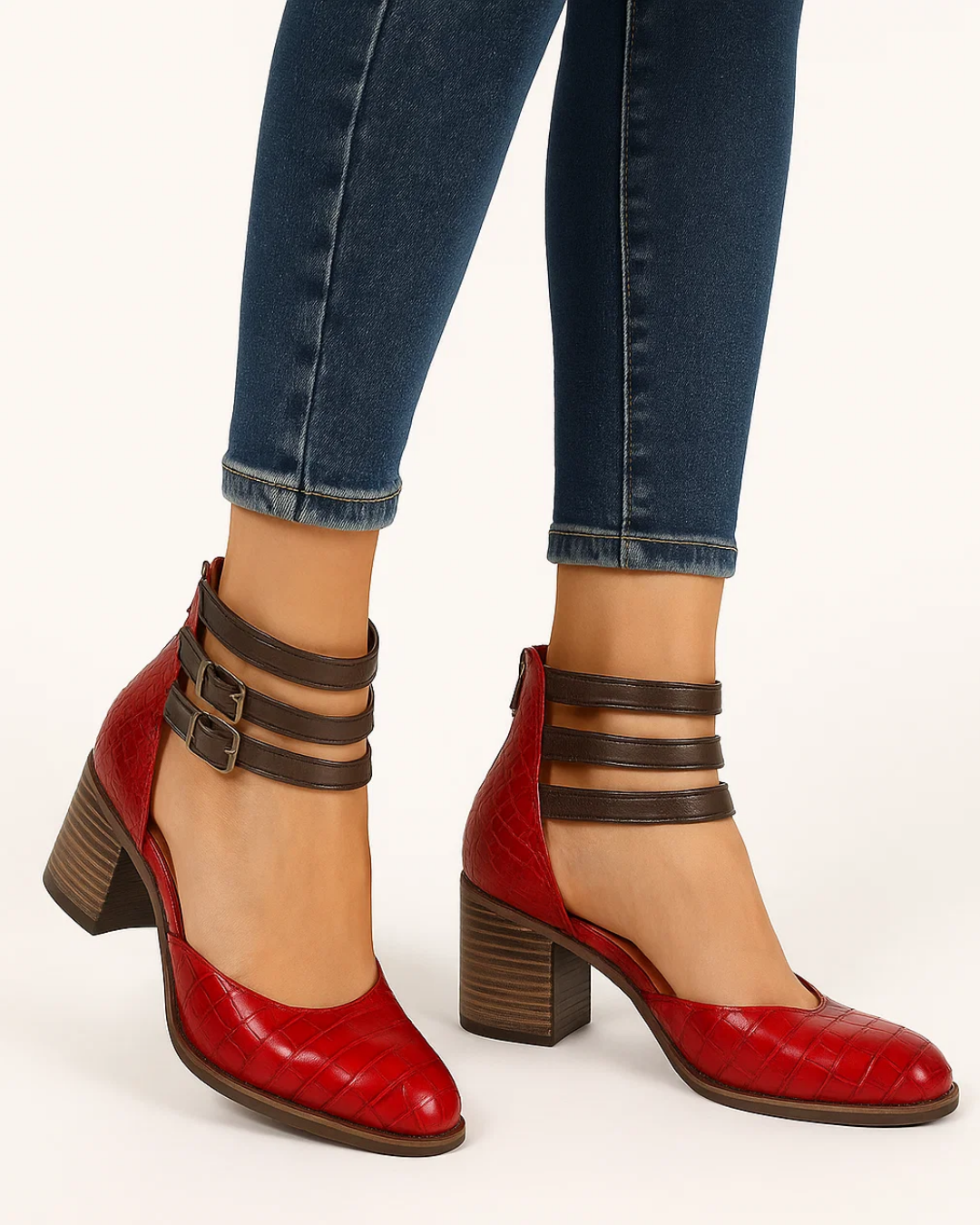 Elegant women's black block heel pumps with stylish ankle straps and comfortable round toe for formal events.