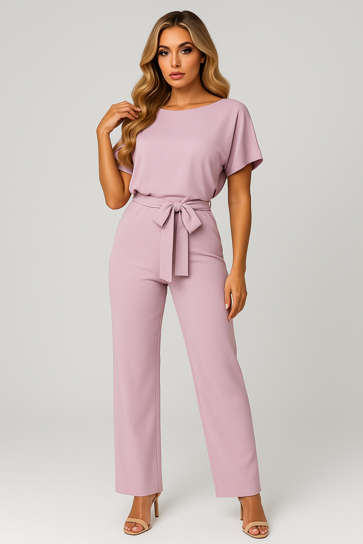Flattering women's wide leg jumpsuit with short sleeves & waist tie; a chic one-piece for any occasion.