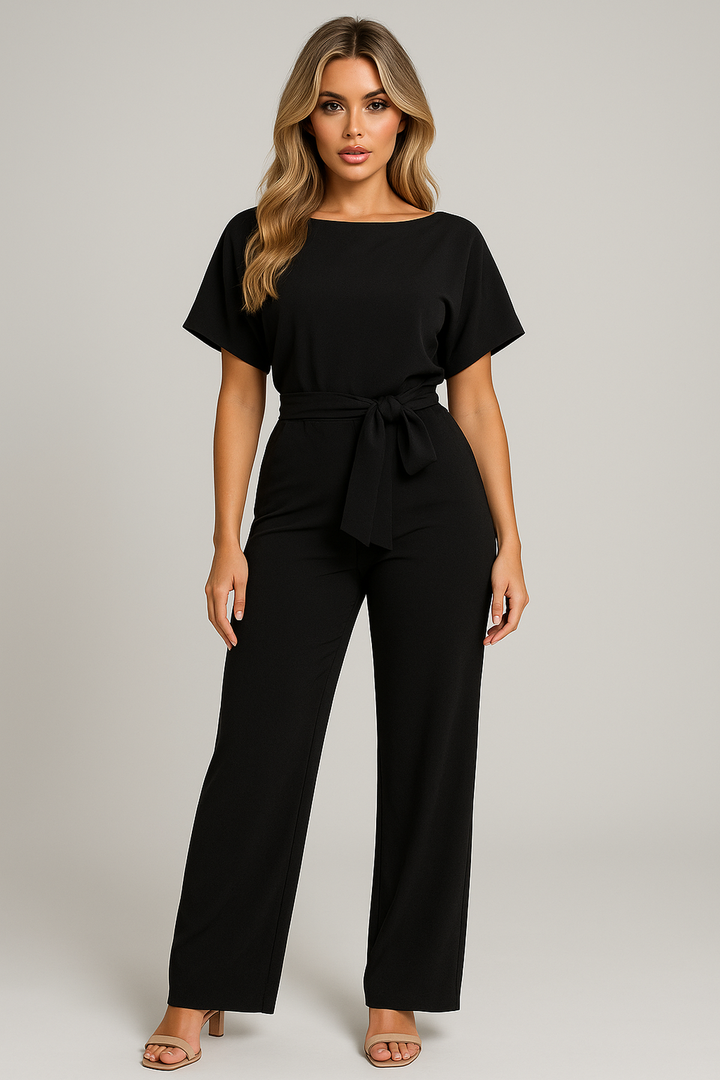 Chic women's short sleeve wide leg jumpsuit. Perfect versatile one-piece for elegant day or evening wear.