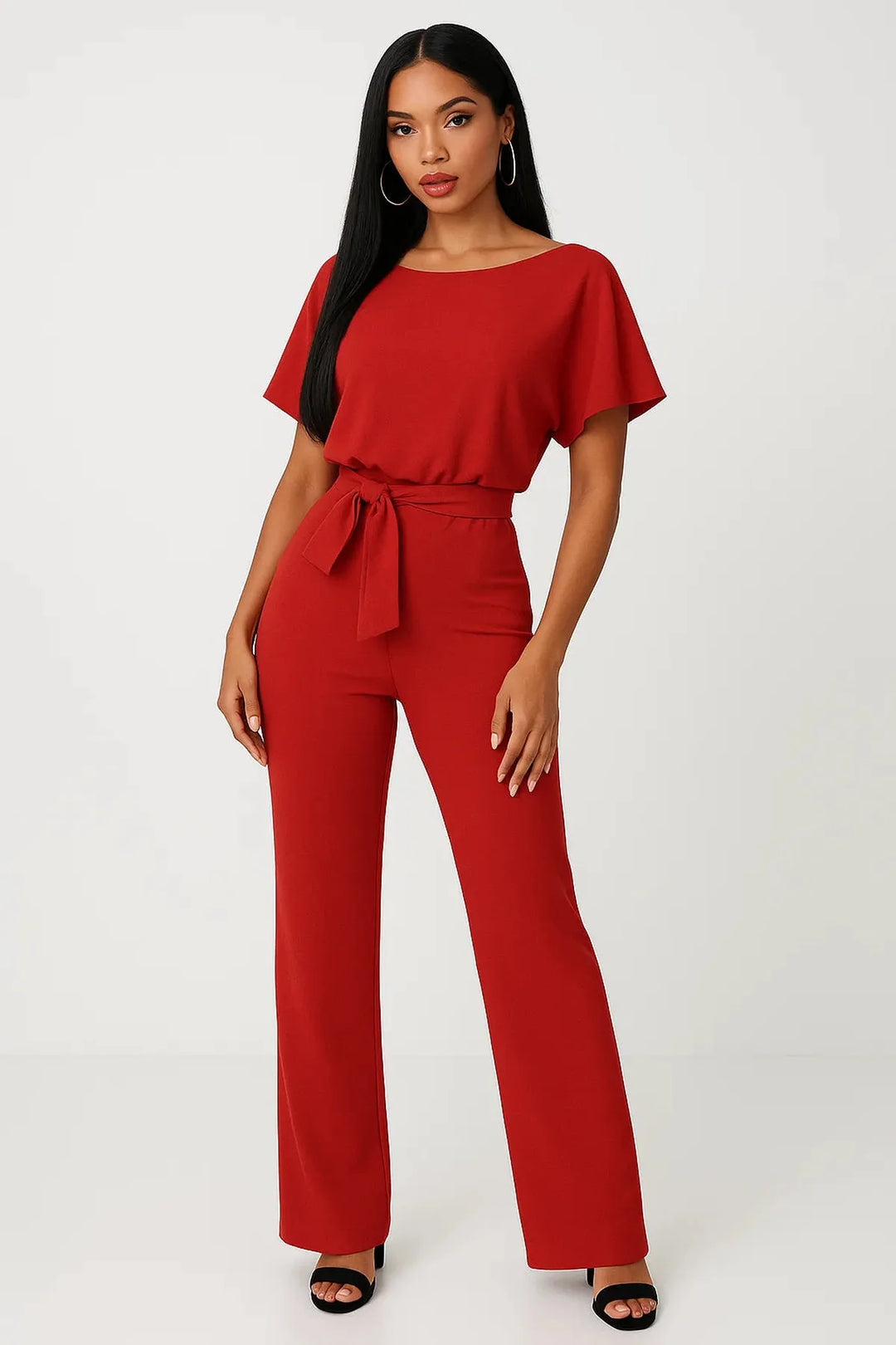Stylish women's short sleeve wide leg jumpsuit. Elegant, comfortable, and versatile with a waist tie.