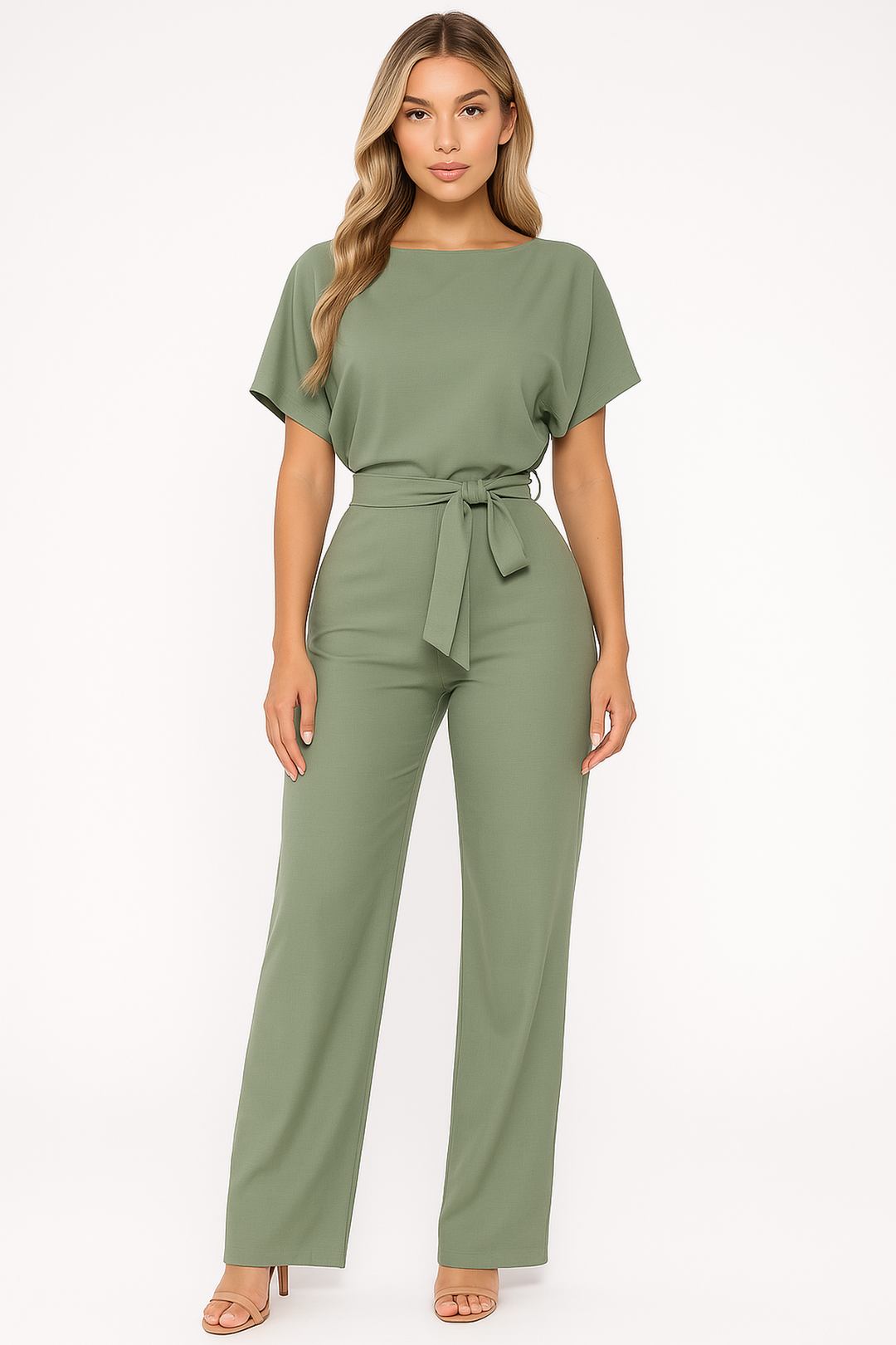 Elegant women's wide leg jumpsuit with short sleeves and a chic waist tie.