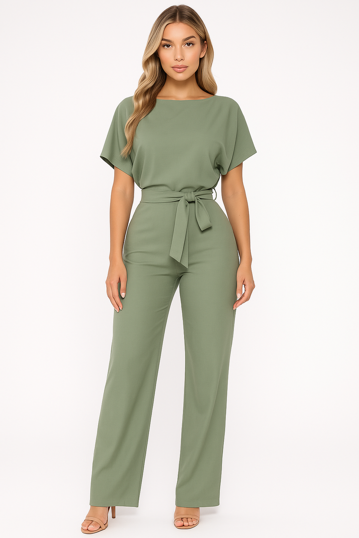 Elegant women's wide leg jumpsuit with short sleeves and a chic waist tie.