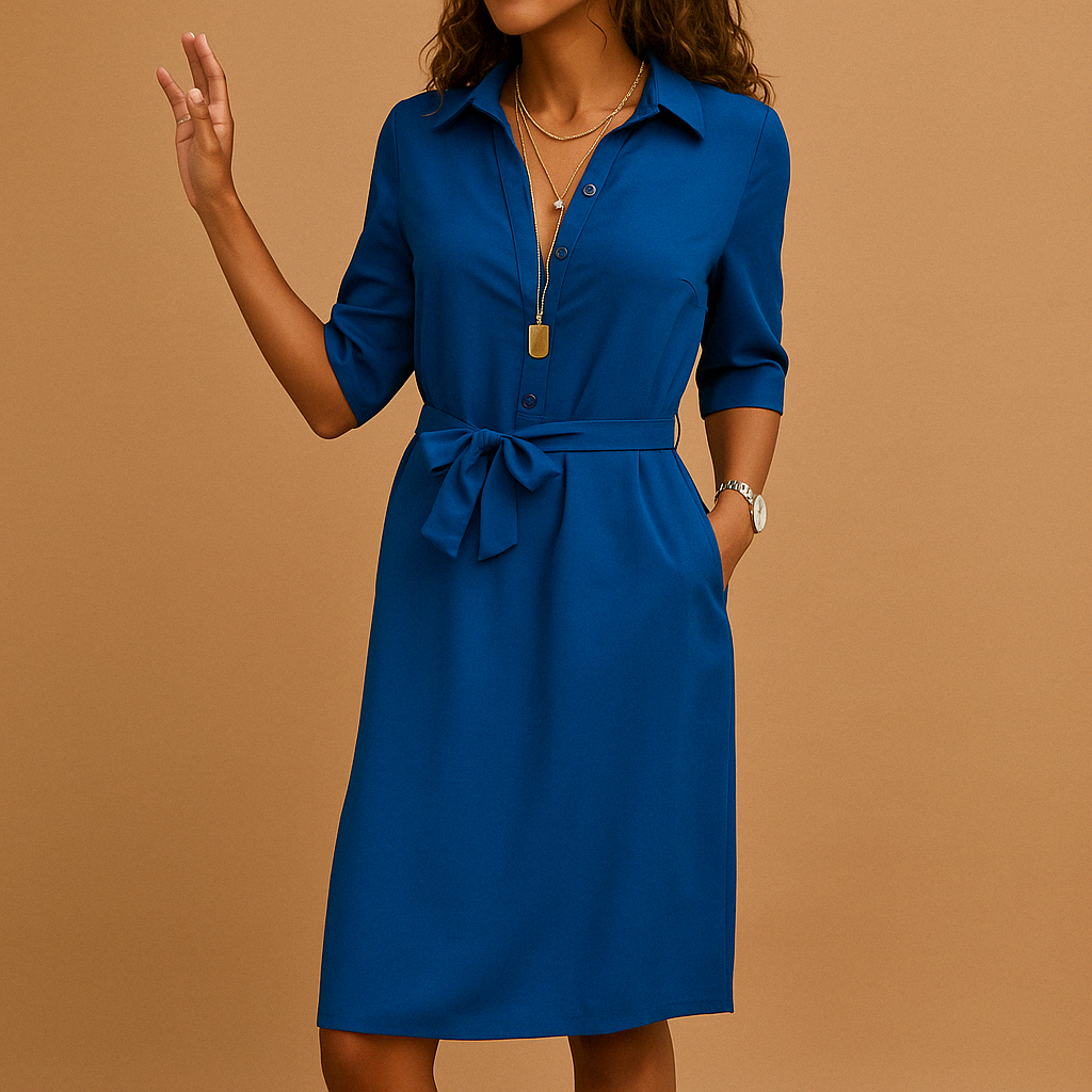 Versatile women's belted blouse dress, button-front, midi length, ideal for elegant summer casual & work styles.
