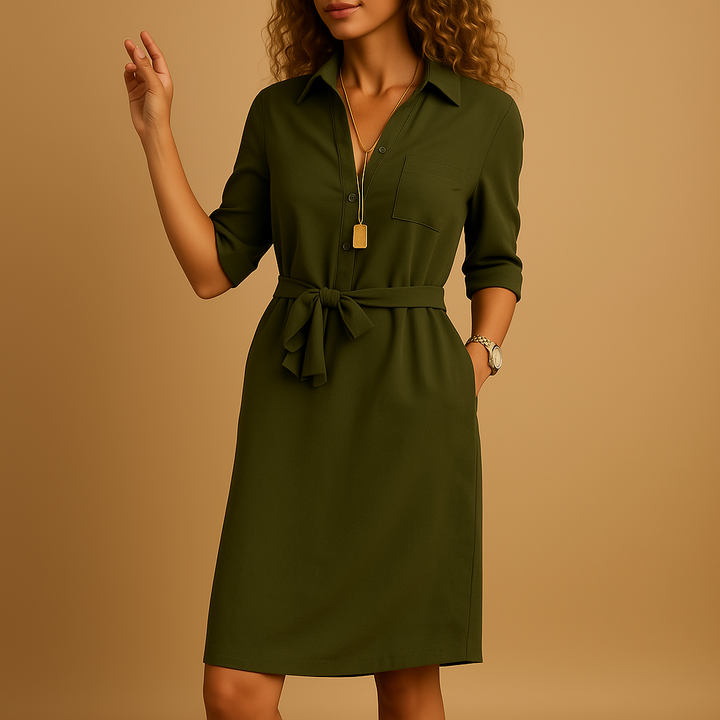 Stylish women's button-front blouse midi dress with a flattering belt, perfect elegant summer casual outfit.