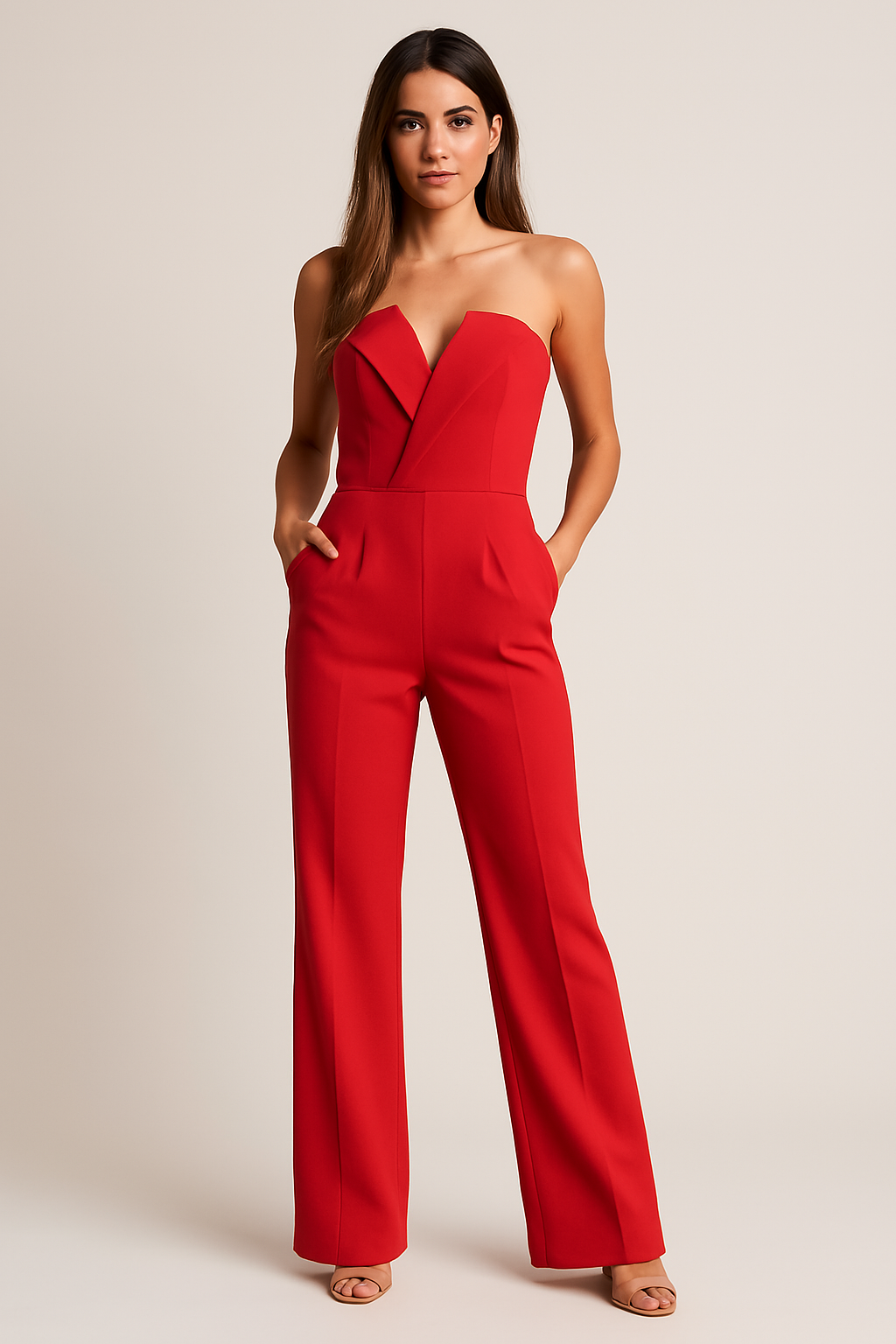 Stylish women's wide-leg jumpsuit with a flattering sweetheart neckline. Sleeveless design, great for summer parties.