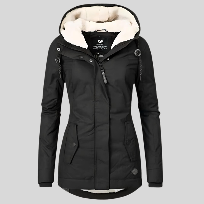 Stylish women's longline winter jacket, insulated & waterproof. Perfect outerwear for cold and snowy weather.