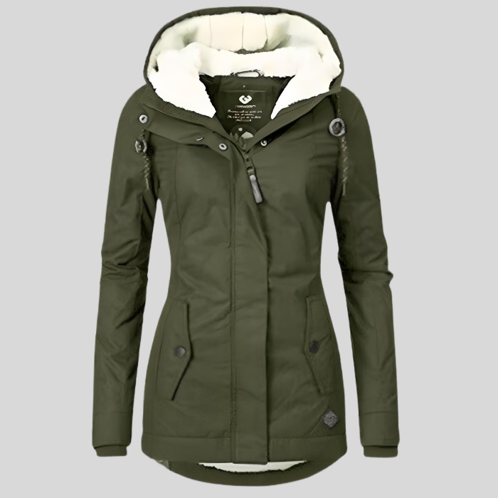 Practical women's winter jacket, insulated, waterproof, and longline for ultimate cold weather comfort.