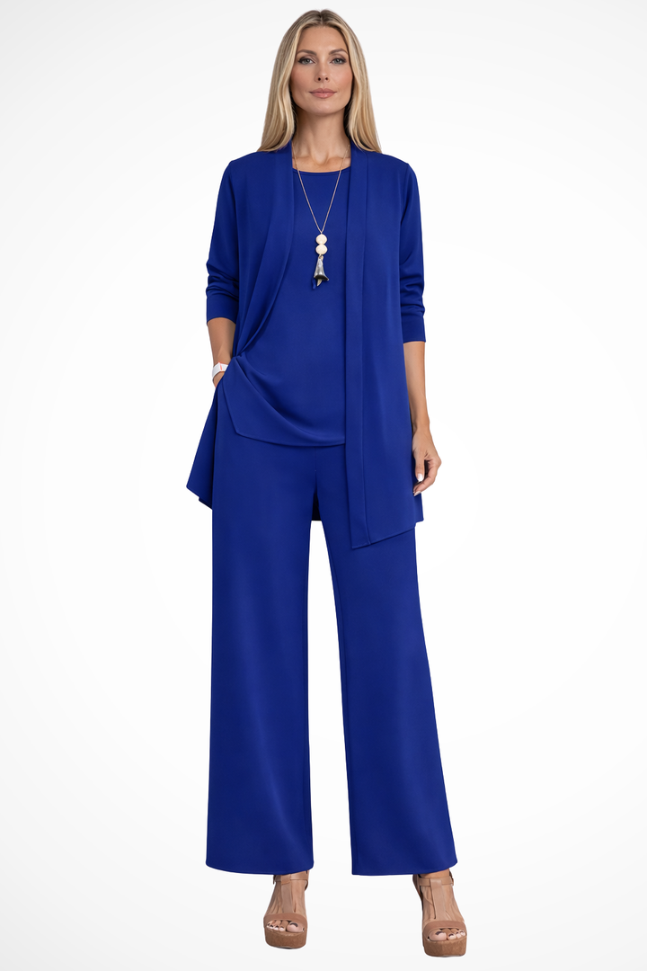 Modern women's 3-piece outfit: wide-leg pants, sleeveless top & open jacket. Versatile for work or events.