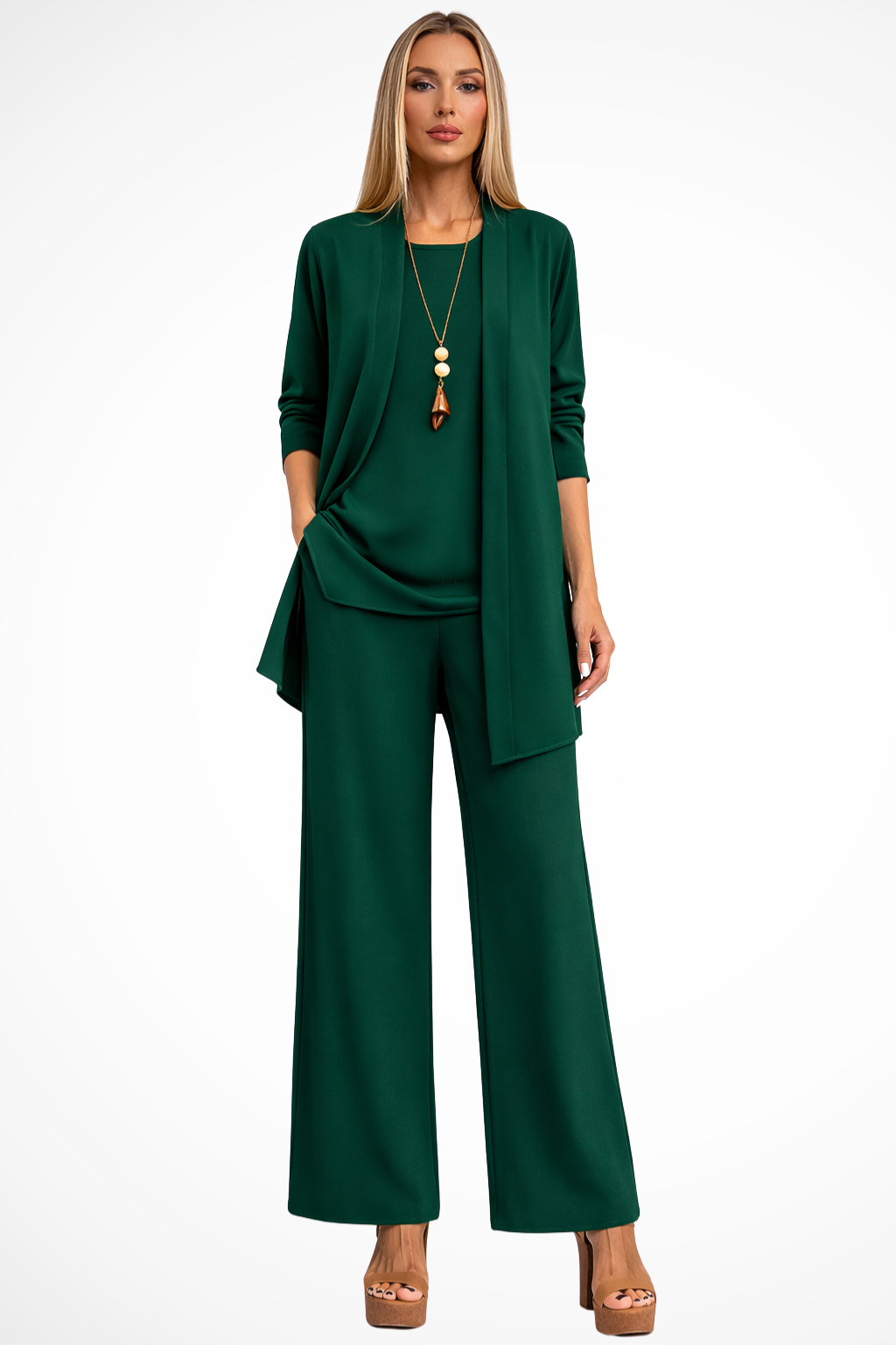 Versatile women's 3-piece pant set. Includes wide-leg trousers, sleeveless top & stylish open jacket design.