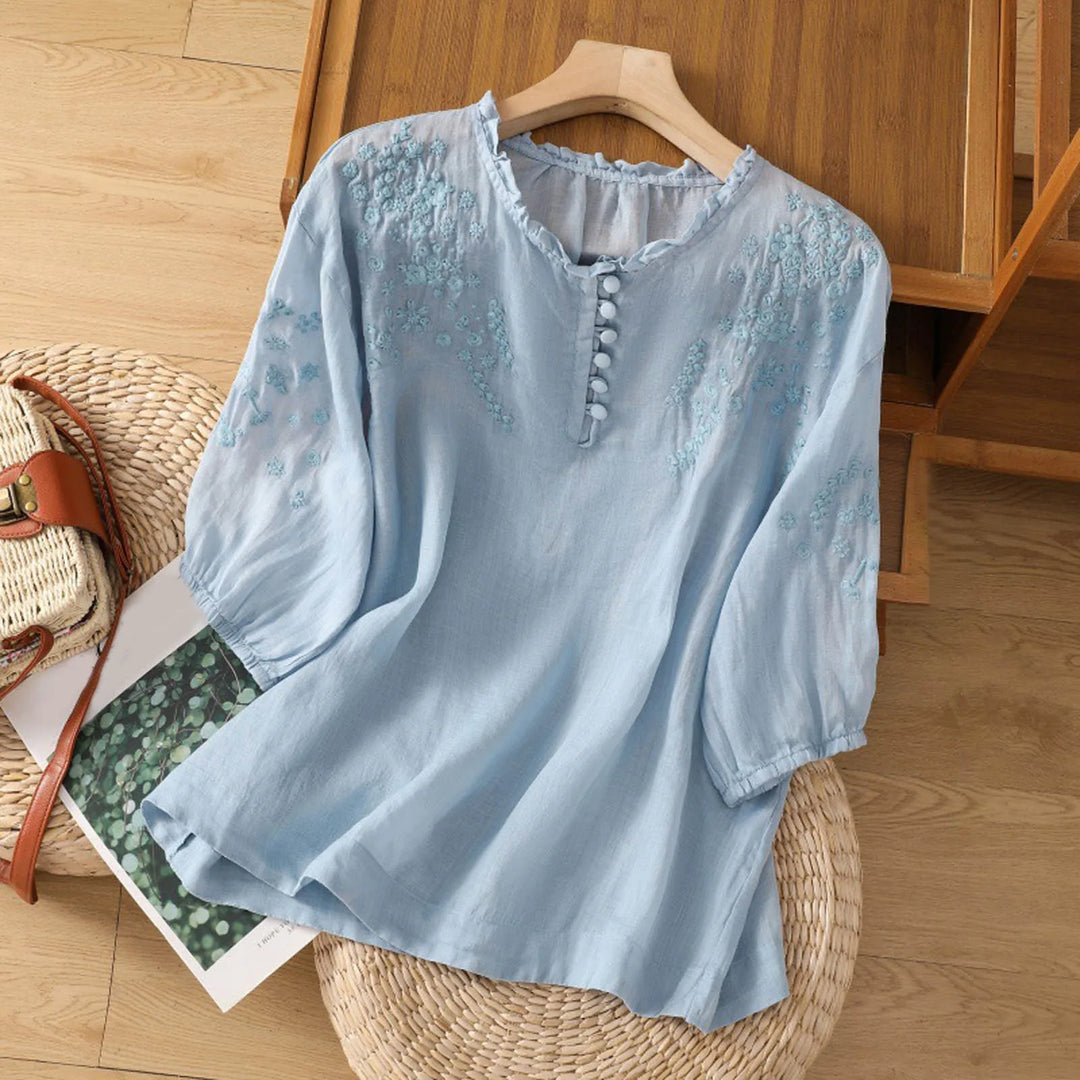 Elegant women's boho tunic blouse, embroidered detailing, button front. Ideal for summer holidays & casual wear.