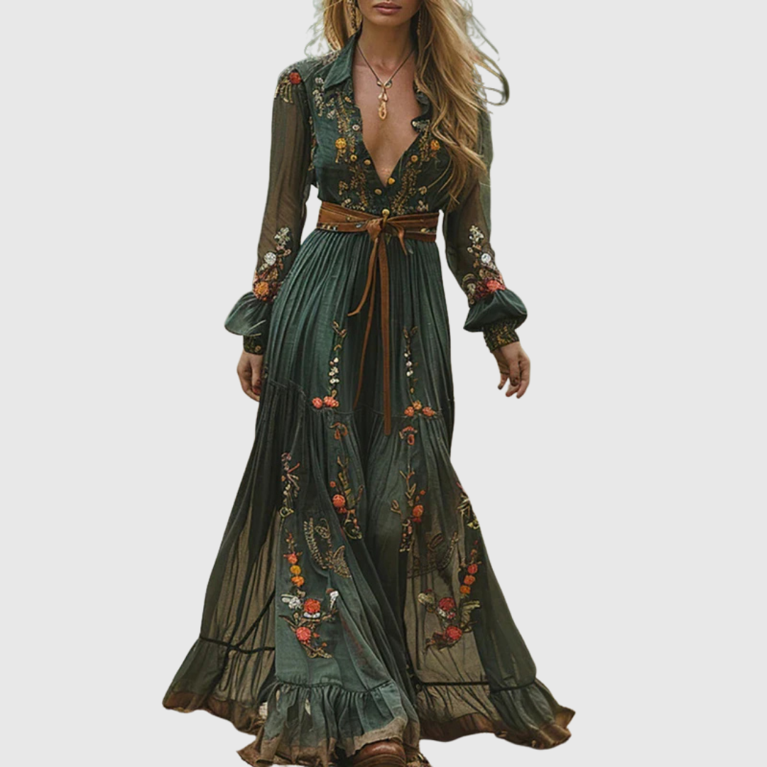 Women's elegant embroidered boho maxi dress with sheer sleeves, ruffle hem, and belt, perfect for spring/summer occasions.
