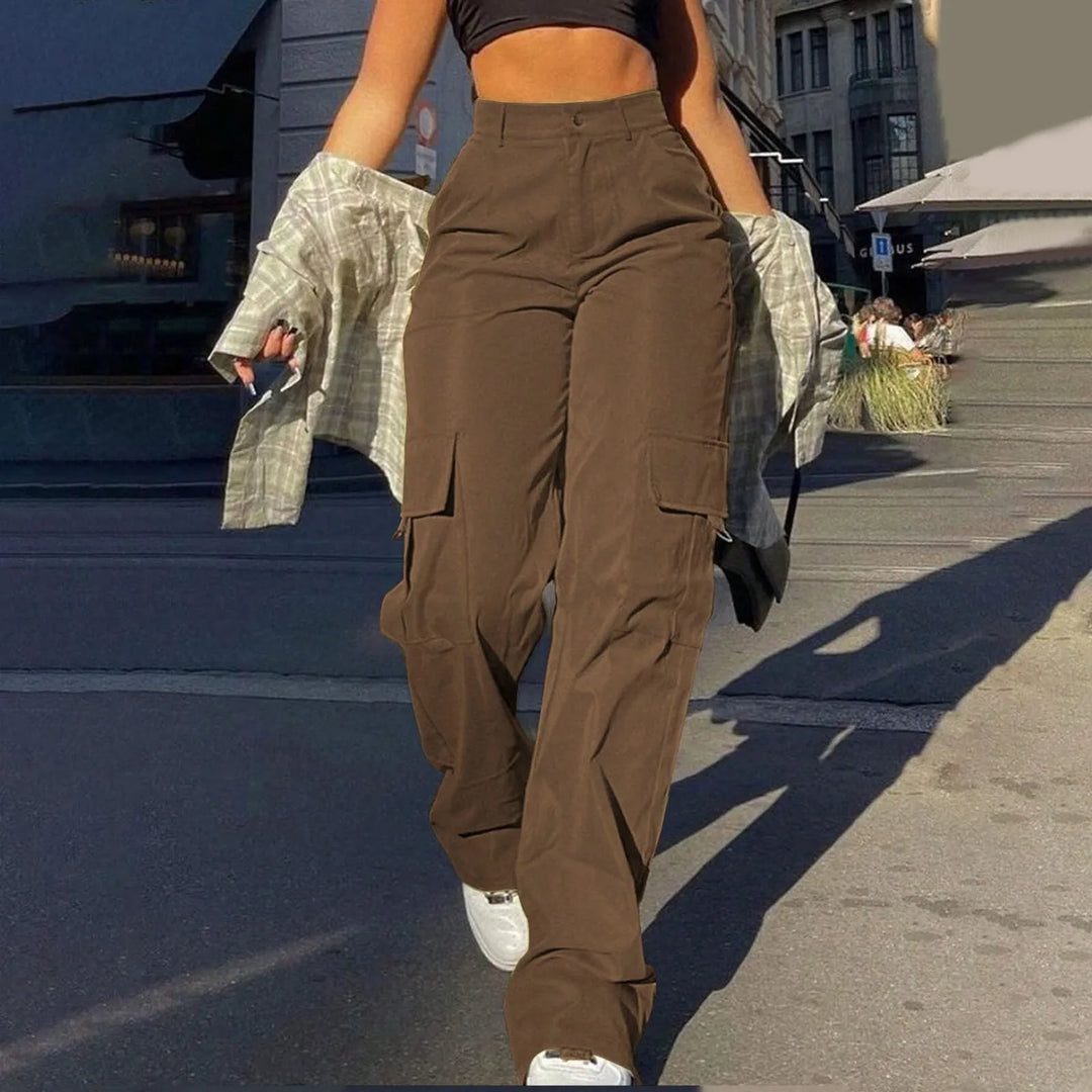 Comfortable women's high-waist relaxed fit cargo pants, perfect for casual & adventure wear.