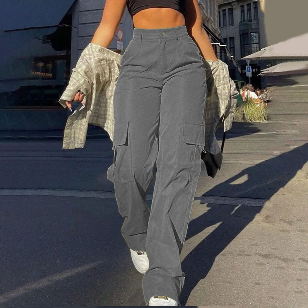 High-waist women's cargo pants, relaxed fit utility trousers, multi-pocket design for modern fashion.