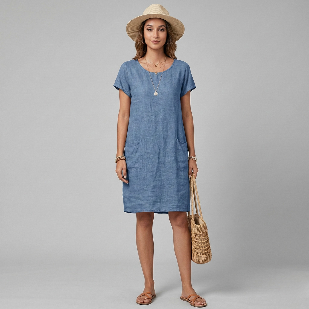 Women's versatile mini shift dress, perfect for casual spring & summer. Relaxed fit, short sleeves & flattering round neck.