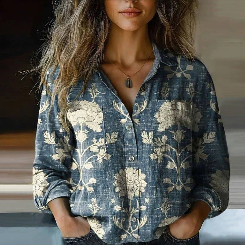 Ladies' long sleeve patterned blouse featuring an expressive boho vintage print. Chic and comfortable top.