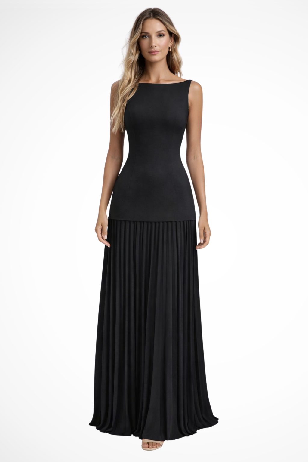 Chic women's boat neck sleeveless maxi dress, ideal as a wedding guest or special occasion evening gown.