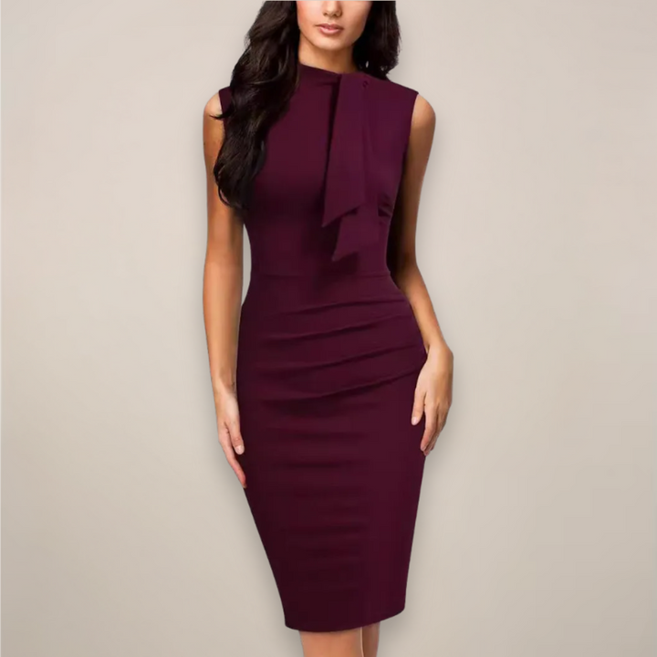 Sleek high-neck sleeveless sheath midi dress for women. Ruched waist accentuates figure, ideal for evening wear.