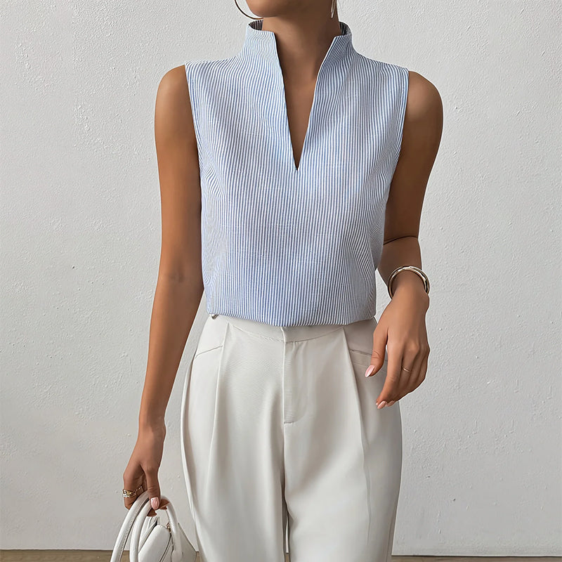 Comfortable women's striped sleeveless top with a chic stand collar, perfect for everyday fashion.
