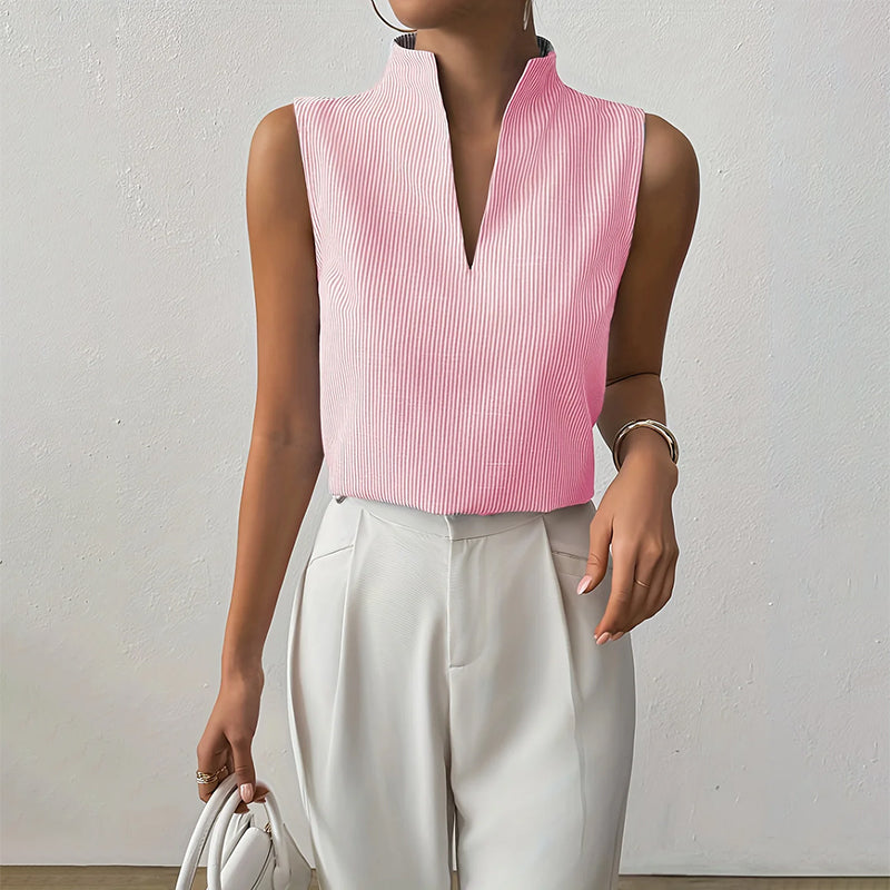 Elegant women's striped sleeveless top featuring a stand collar, ideal for casual or office fashion.