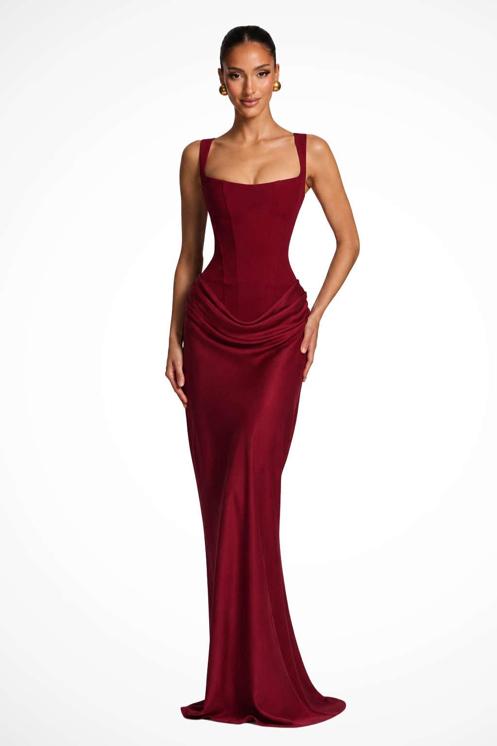 Women's elegant square neck corset maxi dress with sophisticated draped detail for formal occasions.