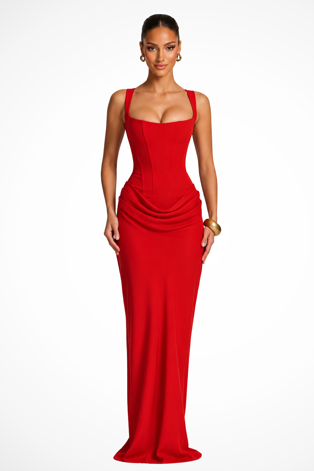 Stunning square neck corset maxi dress for women, highlighting its intricate draped detail and feminine silhouette.