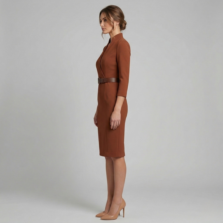 Women's tailored V-neck midi dress with elegant 3/4 sleeves. Belted waist creates a flattering, sophisticated silhouette.