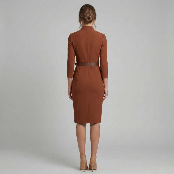 Professional V-neck midi dress for women. Features a flattering belt, 3/4 sleeves, and a sophisticated tailored fit.