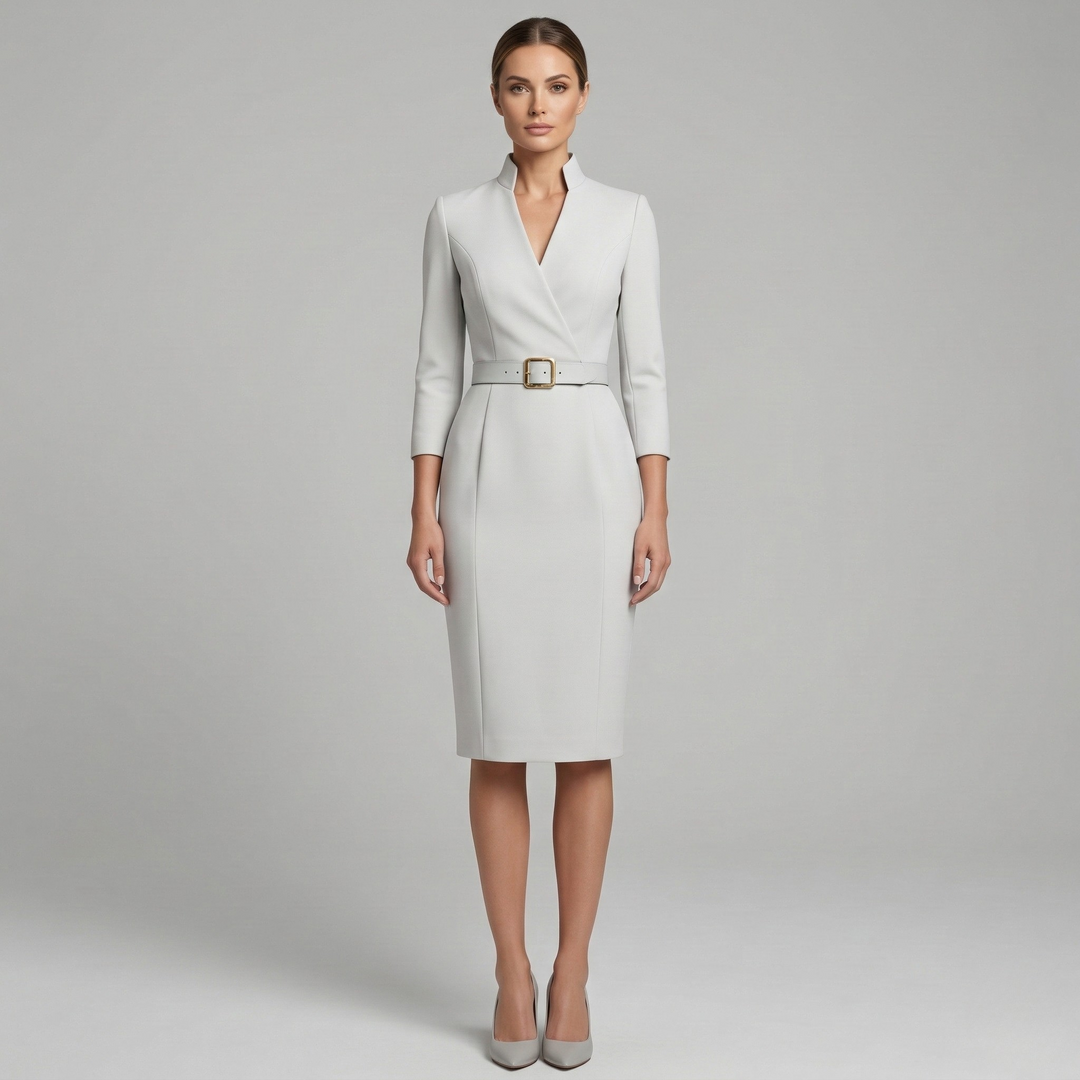 Chic women's midi dress with V-neckline and belted waist. Features elegant 3/4 sleeves, perfect for professional settings.