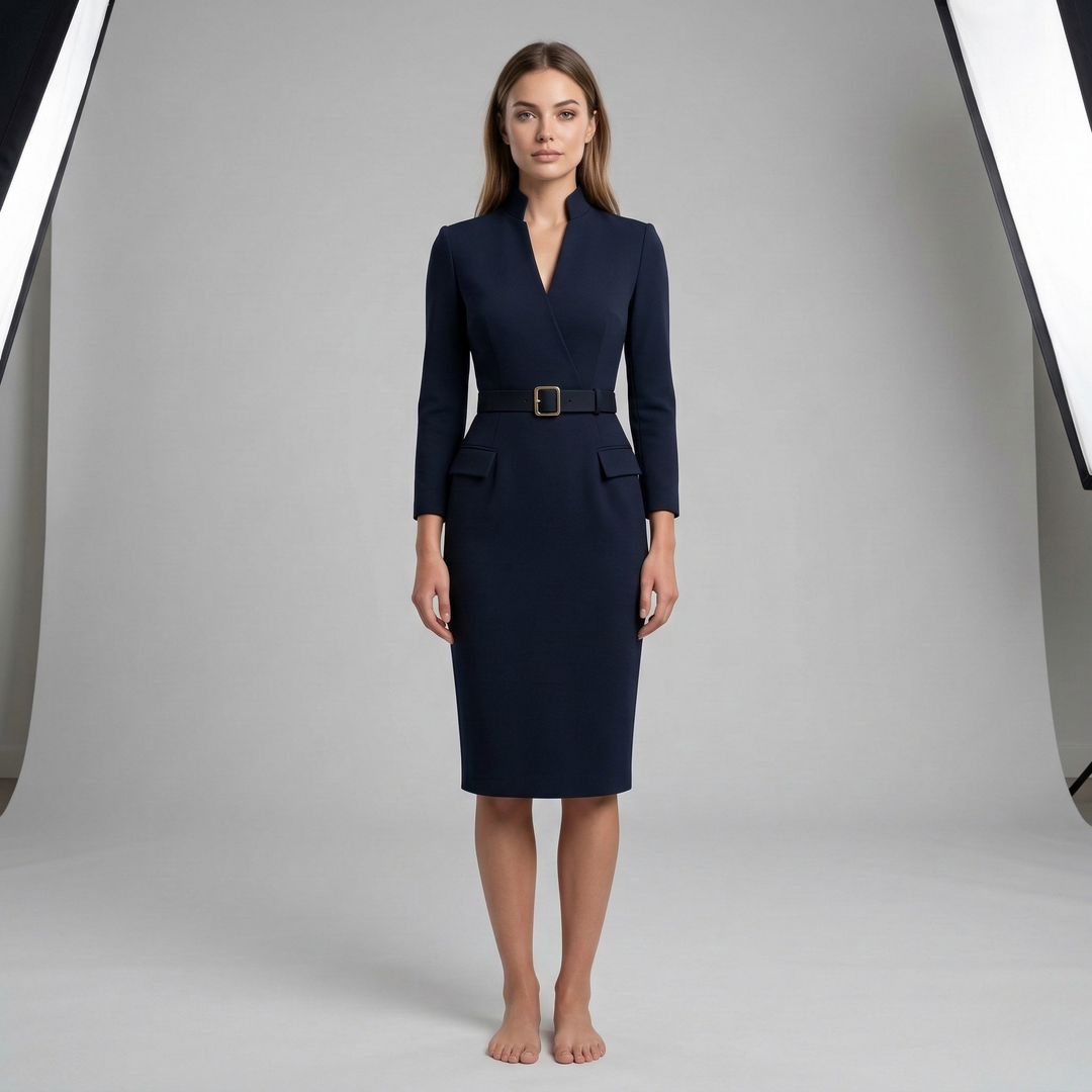 Tailored V-neck belted midi dress for women. Features 3/4 sleeves, ideal for professional office wear and formal events.