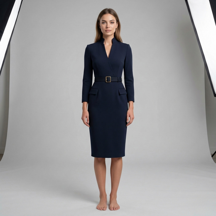 Tailored V-neck belted midi dress for women. Features 3/4 sleeves, ideal for professional office wear and formal events.