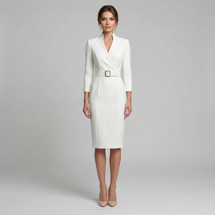 Women's V-neck belted midi dress with 3/4 sleeves. Elegant and tailored for professional wear.