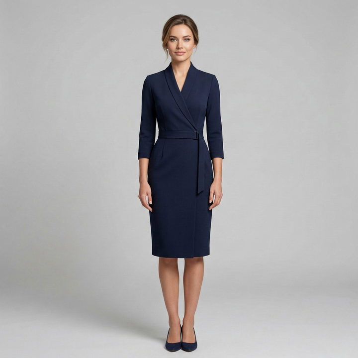 Women's professional V-neck midi dress. Elegant belted design with 3/4 sleeves for a sophisticated, formal office look.