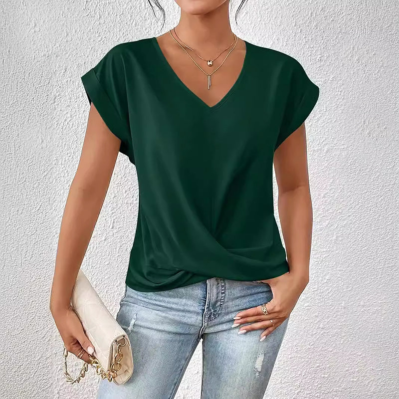 Chic women's V-neck short sleeve top with a stylish drape, a must-have for summer fashion and versatile wear.