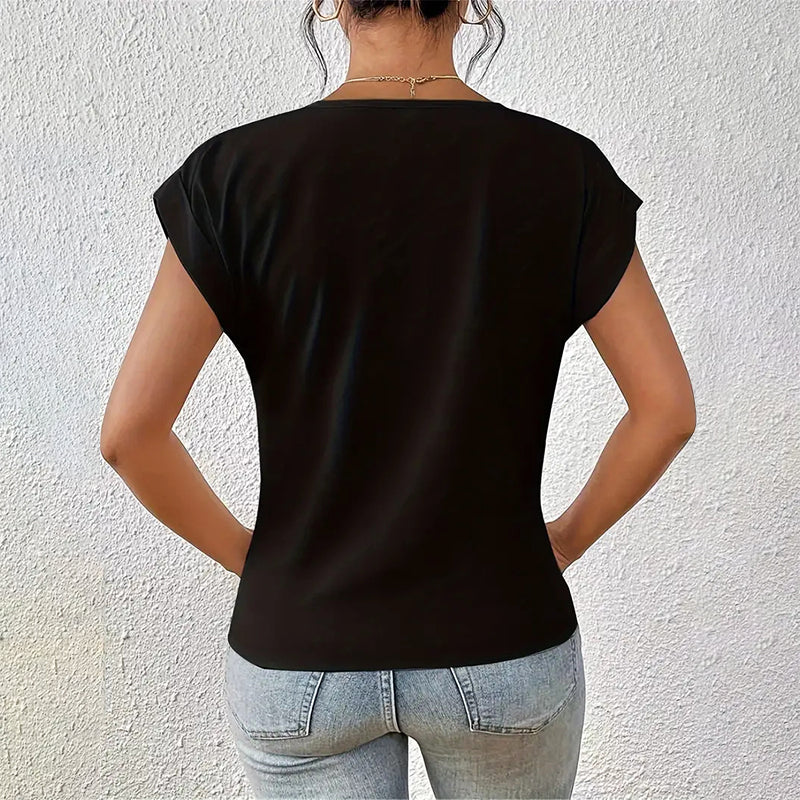 Soft women's V-neck top with flattering draped short sleeves, offering comfortable and stylish wear.
