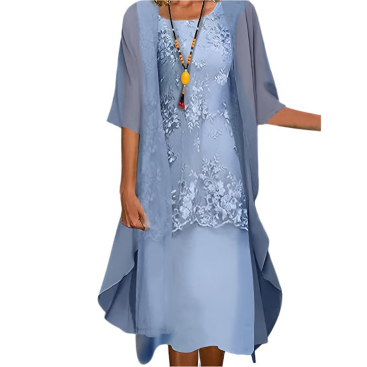 Elegant Women's Wedding Guest Midi Dress with flowing design & transparent sleeves, perfect for special occasions.