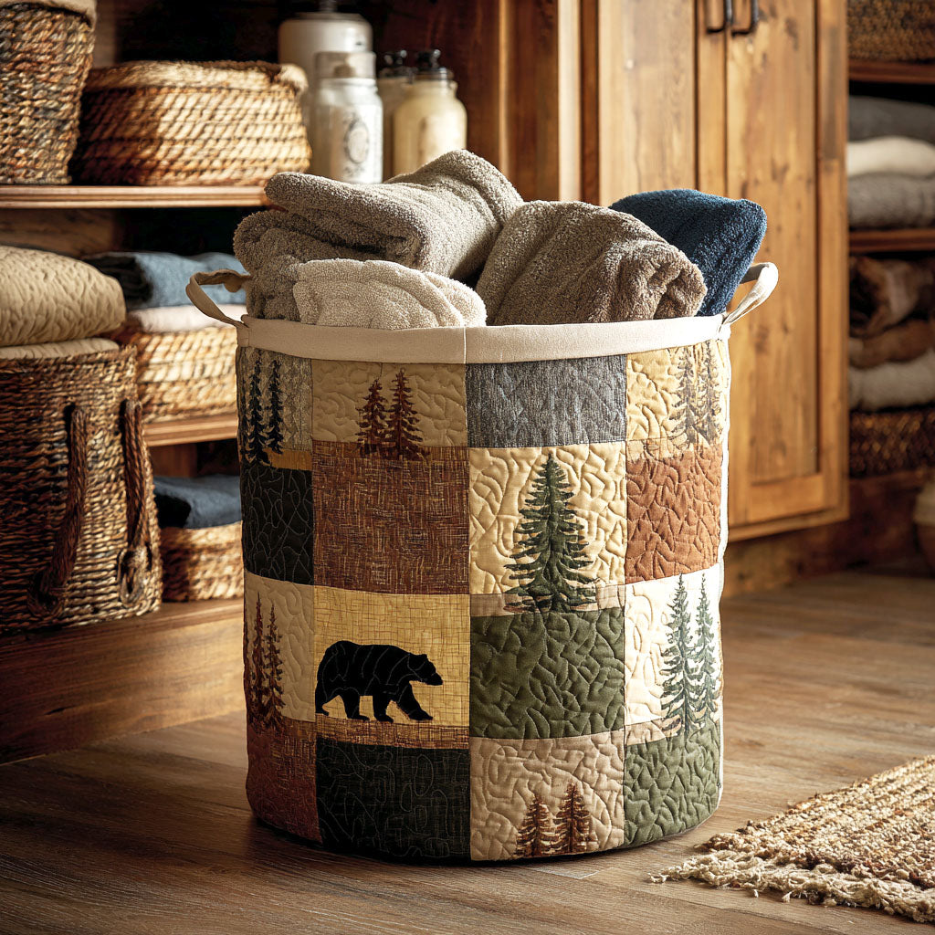 Woodland Patch quilted laundry basket, cotton blend, for home organization & decorative storage. Fabric bin.