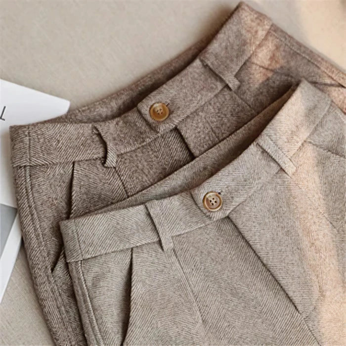 Chic beige high-waist slim fit pants for women. Modern workwear, perfect for formal & business fashion.
