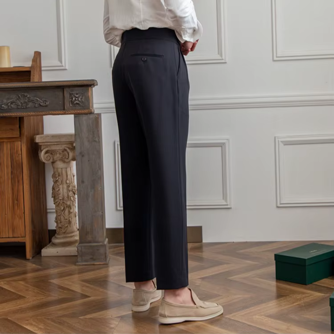 Tailored camel high-waist chinos, perfect for smart casual occasions.