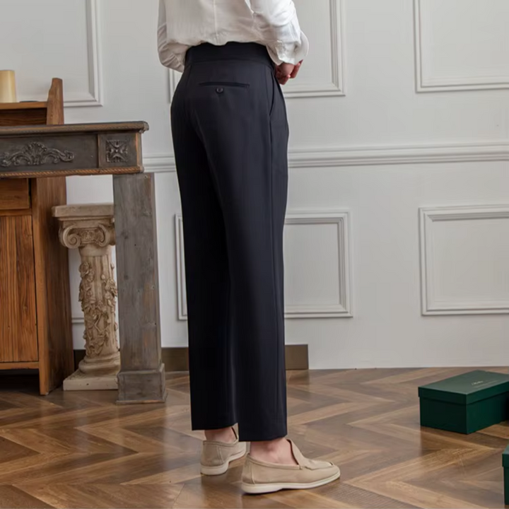 Tailored camel high-waist chinos, perfect for smart casual occasions.